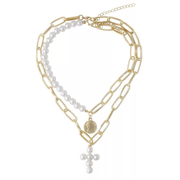 3/$30 💛 Faux Pearl Cross Charm Layered Necklace - Picture 2 of 4